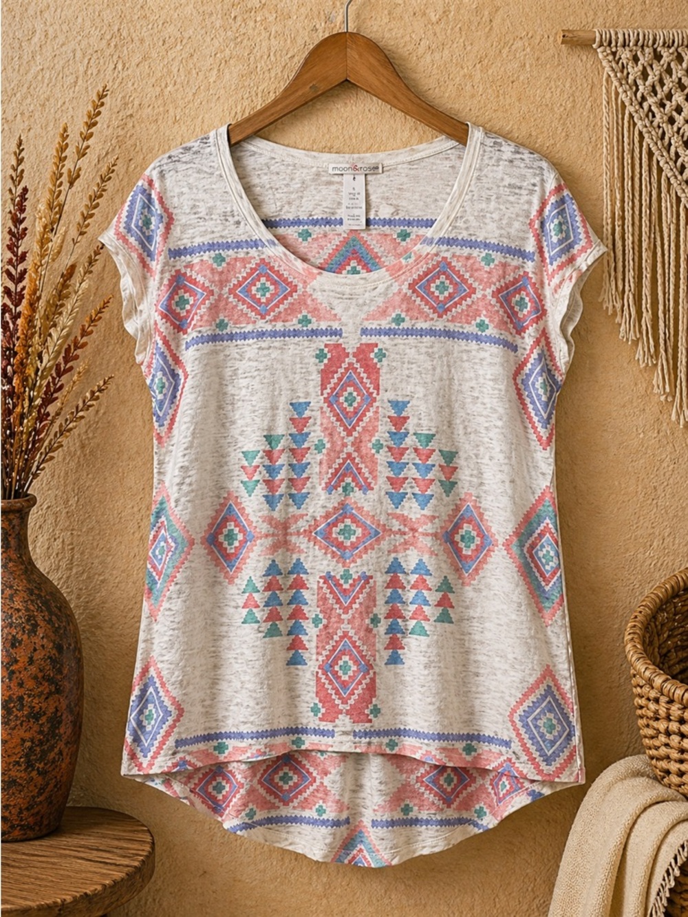 Moa Moa Midwestern Tribal Aztec Pattern Dolman Short Sleeve Tunic Top Size Large